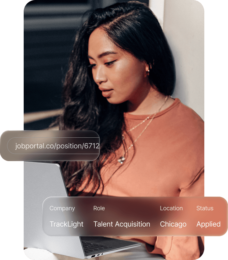 Girl working on laptop, seeing that when input a job post link, the details are extracted and displayed